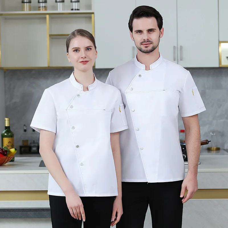 Monos de Chef para hombre y mujer, ropa blanca de talla grande, delgada, para Hotel, restaurante, Ding Room, uniforme de Chef de manga corta