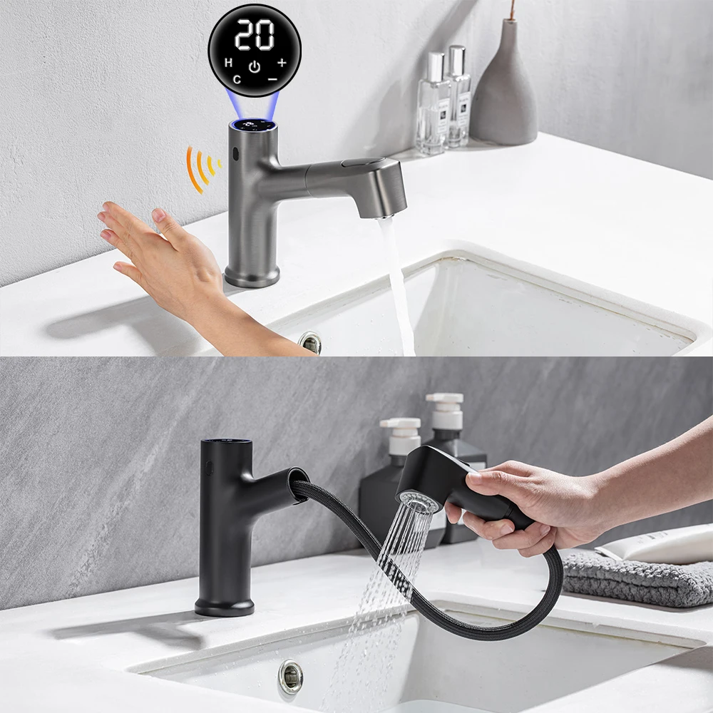 

High End Automatic Sensor Smart Bathroom Faucet LED Display Touch Washbasin Faucets Vanity Mixer Basin Induction Sink Water Taps