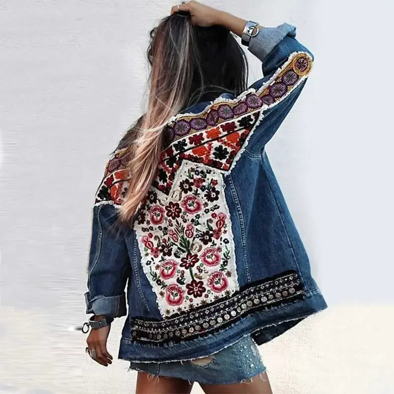 Gypsylady Cotton Denim Jacket Floral Embroidery Retro Boho Appliques Jacket Coat Women Long Sleeve Denim Outwear Chaquetas