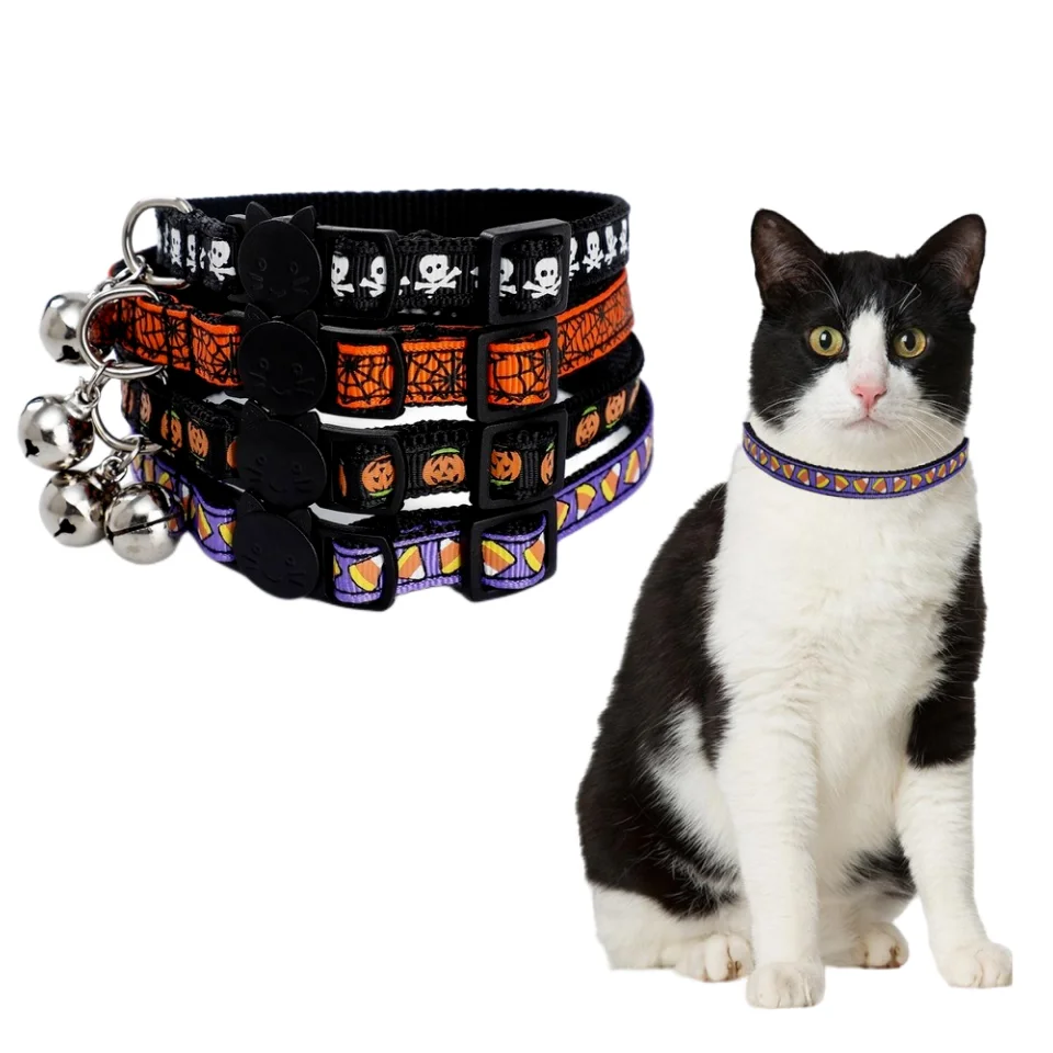 1PC Adjustable Quick Release Cat Collars with Bells Pumpkin Skull Themed Puppy Collar for Small Large Pet Halloween