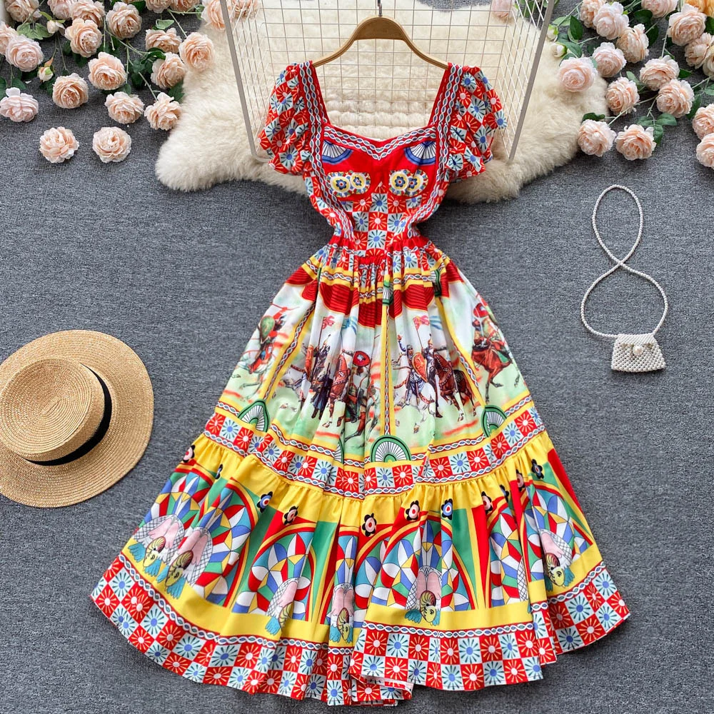 Midi Long Floral Dress Summer Women Fashion 2023 Rumway Soldier Warrior Butterfly Sleeve Ruffles Elegant Backless Beach Vestidos