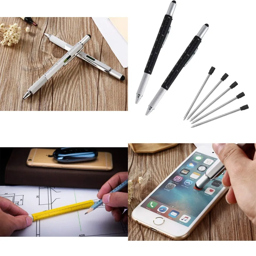 

6 in 1 Multifunction Tool Pen with Ballpoint Pen Touch Screen Stylus Ruler Spirit Level Flat-head and Phillips Screwdriver for