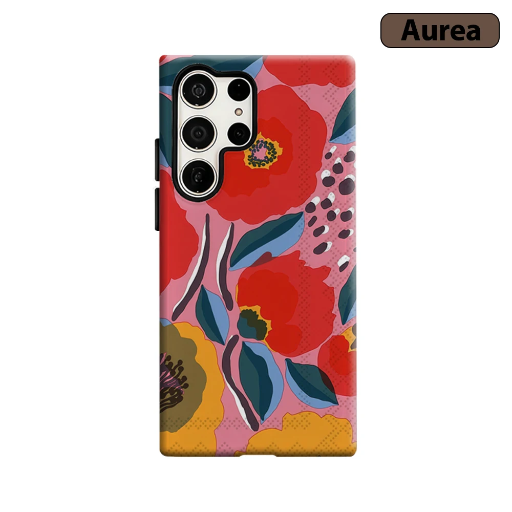 Rosa Kräftige Blumenmuster Handyhülle für Samsung Galaxy S25 Ultra S24 S23 Ultra Plus Stoßfeste Doppelschicht Robuste Rückabdeckung