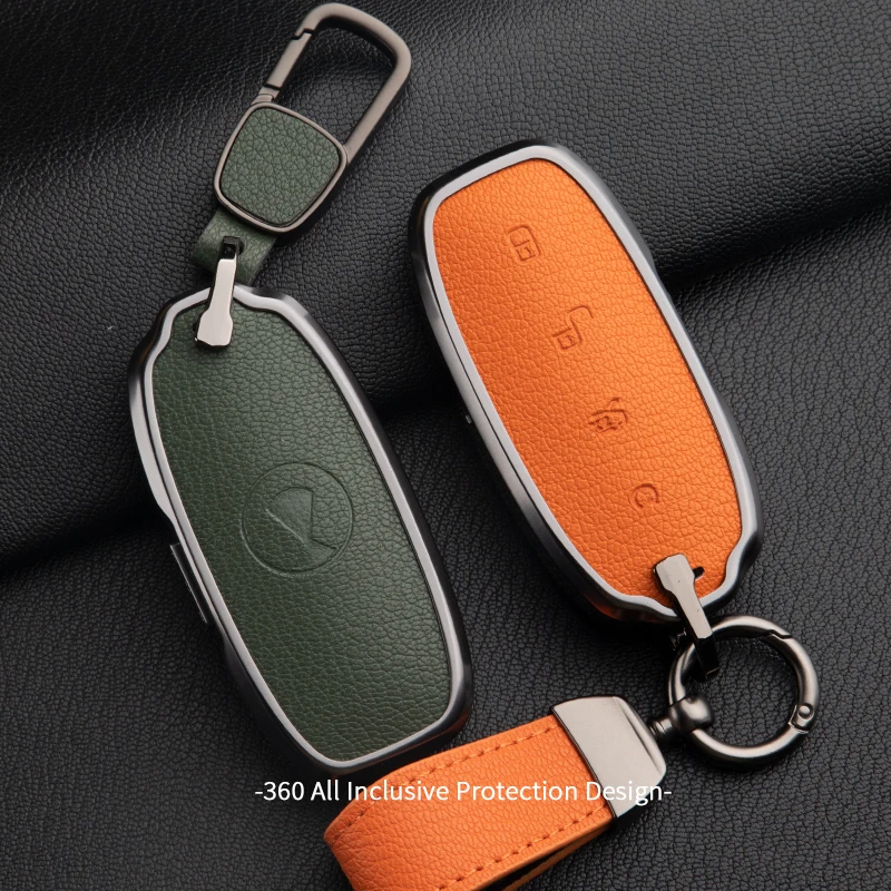 

For Denza D9 N8 N7 Car Key Cover Case Luxury Leather Car Key Holder Smart Key Shell with Metal Hook Keychain Bag Car Accessories