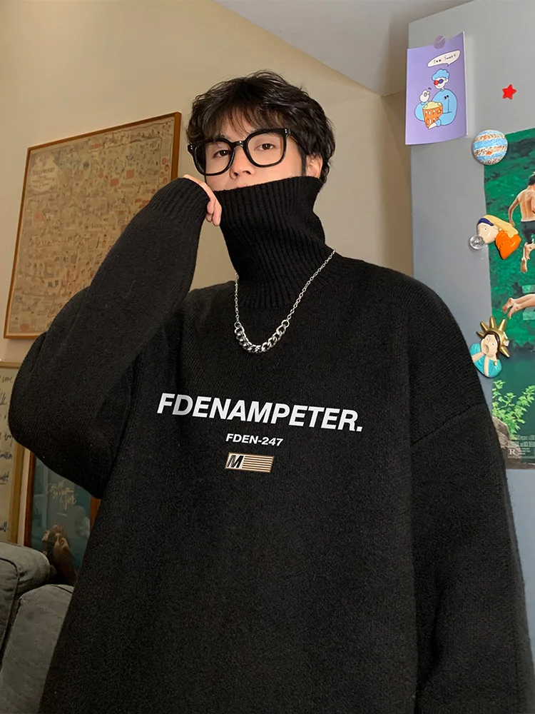 

American Retro High Ne Knitwear Men's Spring Autumn Loose Lazy Sle Inner Wear Trendy High-End Feeling Boy Casual Long Sve