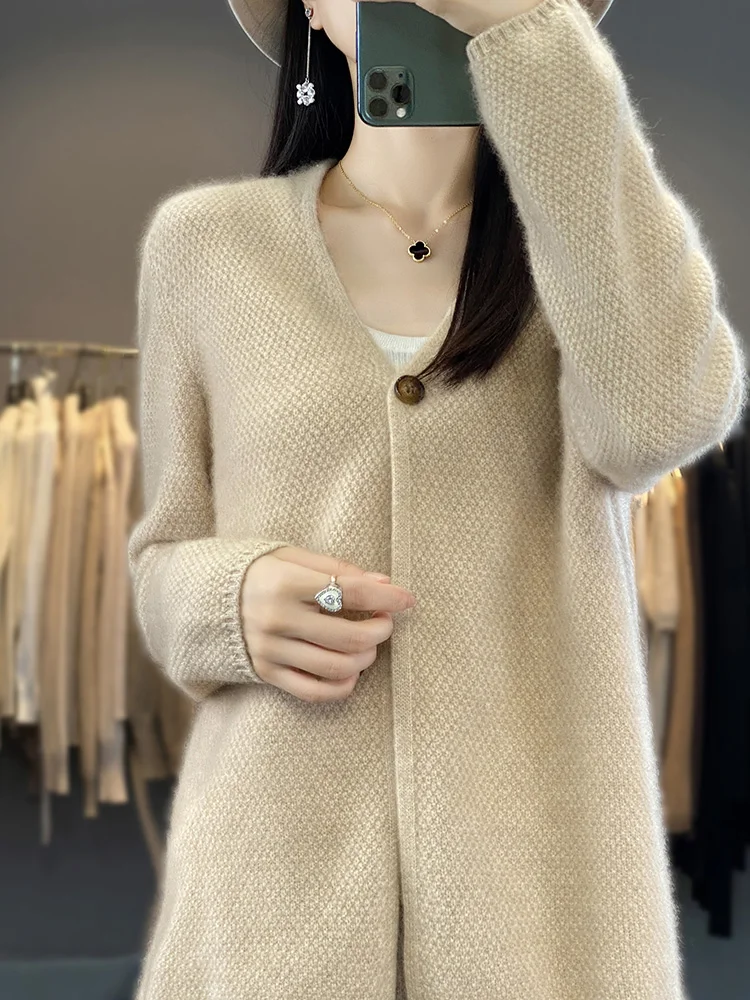 Women V-neck Cardigan Autumn Winter 100% Merino Wool Sweater Vintage Twist Flower Long Sleeve Knitwear Korean Fashion Tops