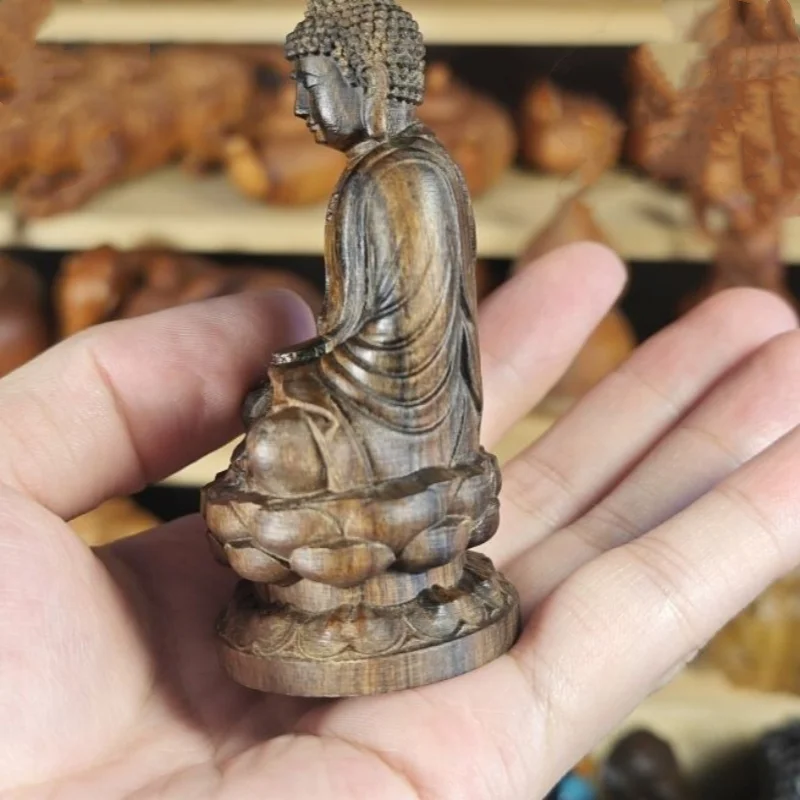 3.1" Indonesian Dala Dry Agarwood Carving Buddha Rulaifo Statue Fengshui Decor