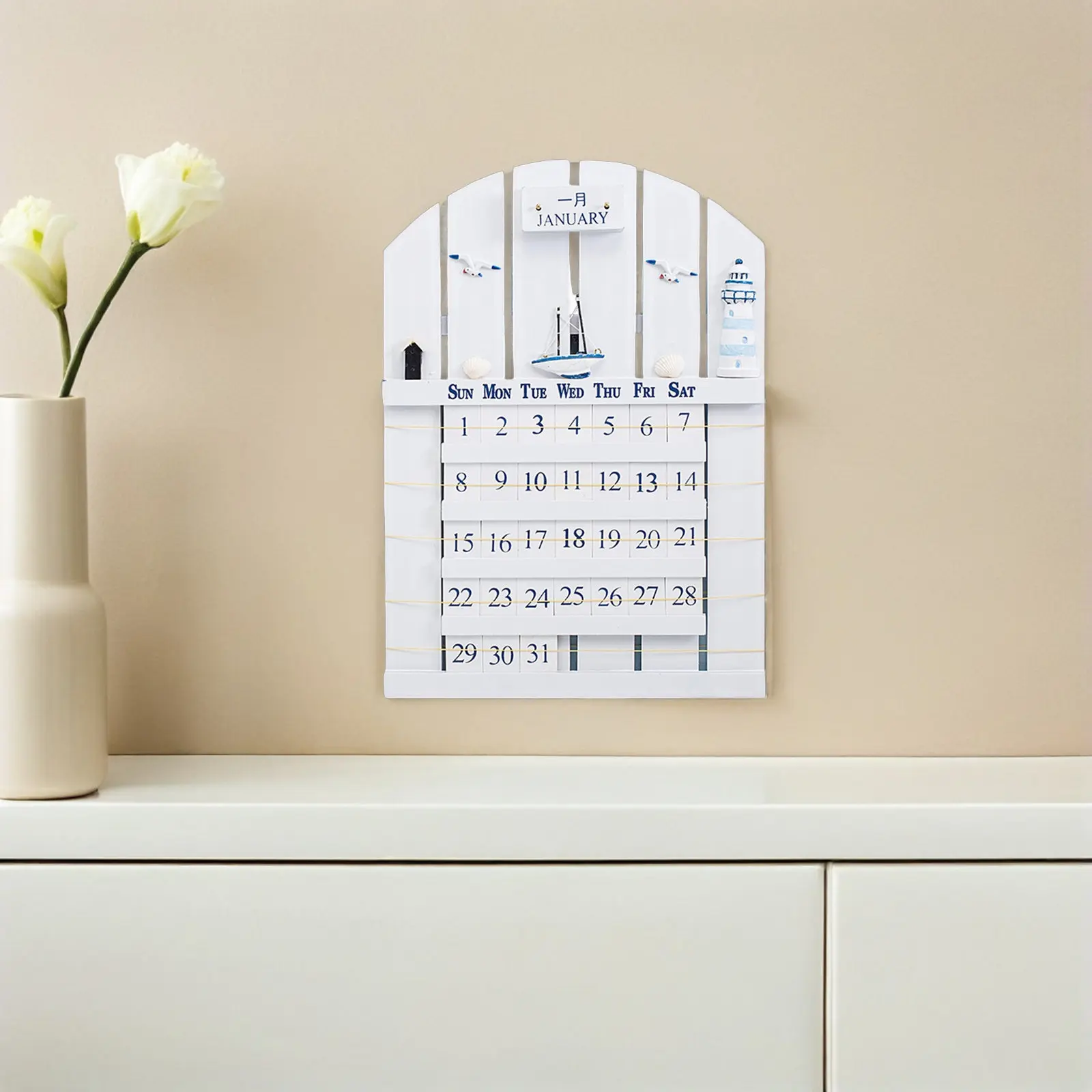 

1Pcs Wooden Perpetual Calendar Mediterranean Style Thick Wood Board Wall Calendar Home Decoration Date Reminder Creative Design