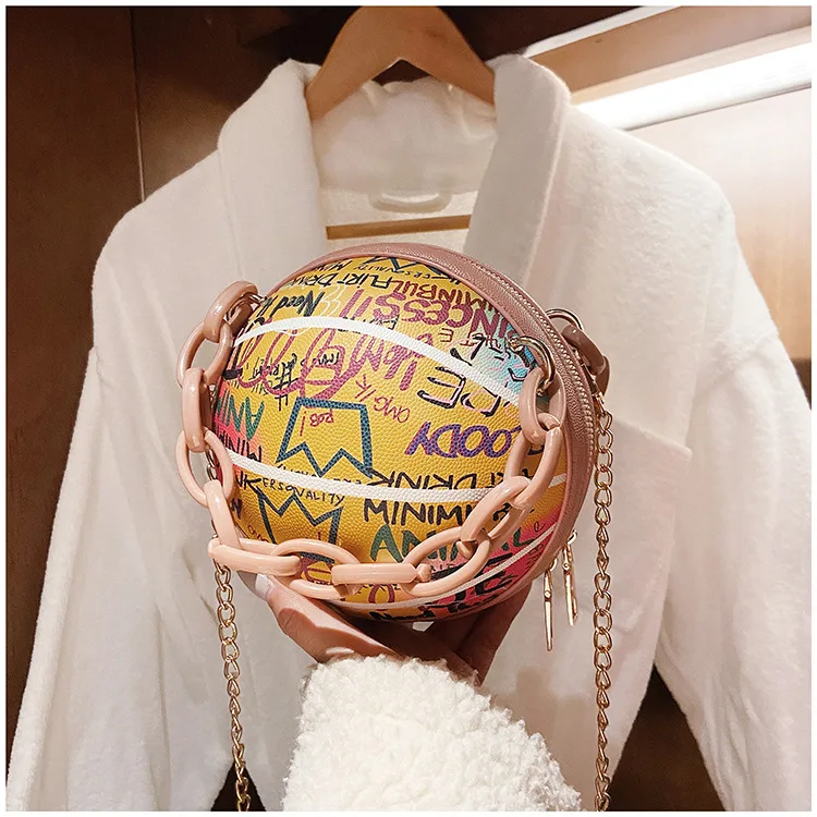 Graffiti Round Ball Bag For Girl  PU Leather Crossbody Acrylic Chain Handbags and Purses Female Basketball Bag 1
