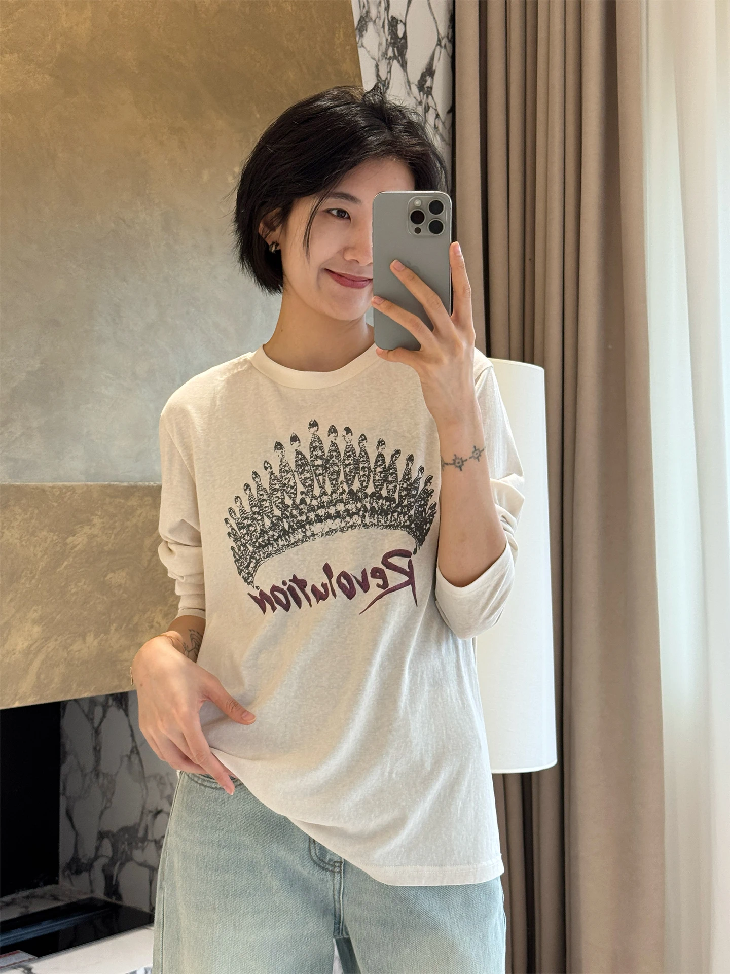 

Женская повседневная модная базовая футболка Lanqing бежевого цвета с круглым вырезом и принтом, с длинным рукавом, весенняя новинка