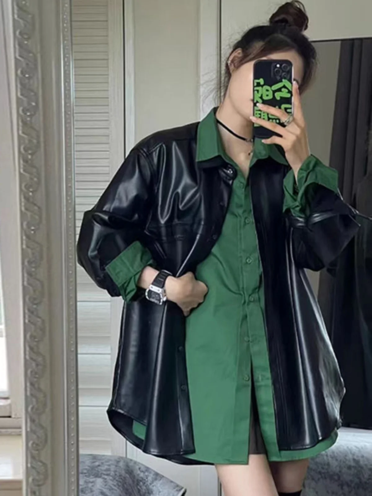 

Cool Trendy Korean Style Shirt And Pants Set Women's Fashion Autumn Collection Long Sleeve Retro American Vintage Leather Jacket