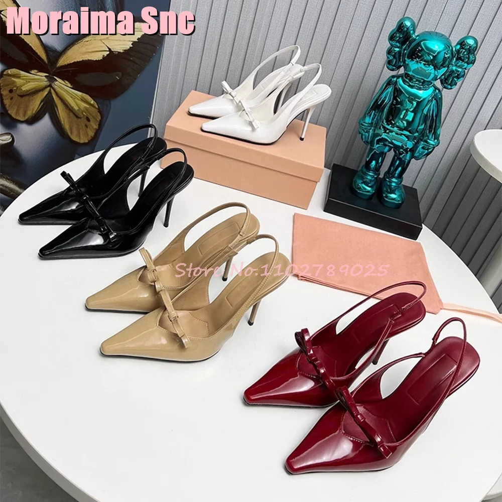 

Butterfly-knot Pointed Toe Sandals Slingback Stiletto High Heel Patent Leather Burgundy Solid Sexy Fashion Women Shoes Runway