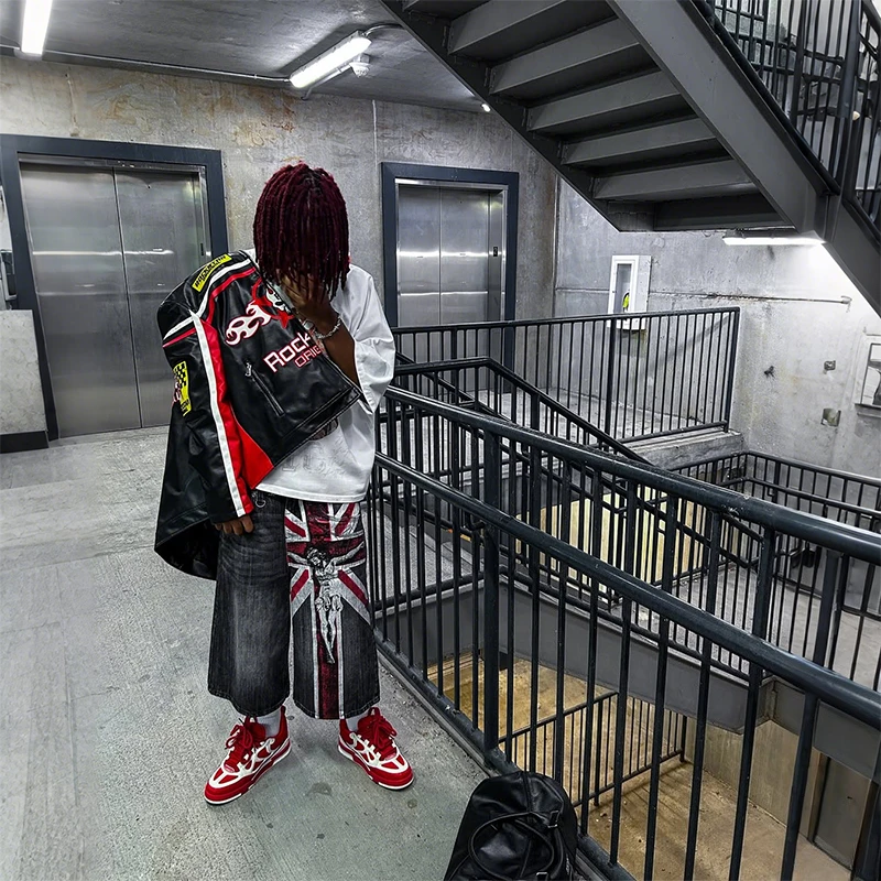 Y2K Jeans lavati vintage Moda bandiera britannica modello stampa pantaloncini di jeans larghi casual gotico uomo donna punk rock streetwear