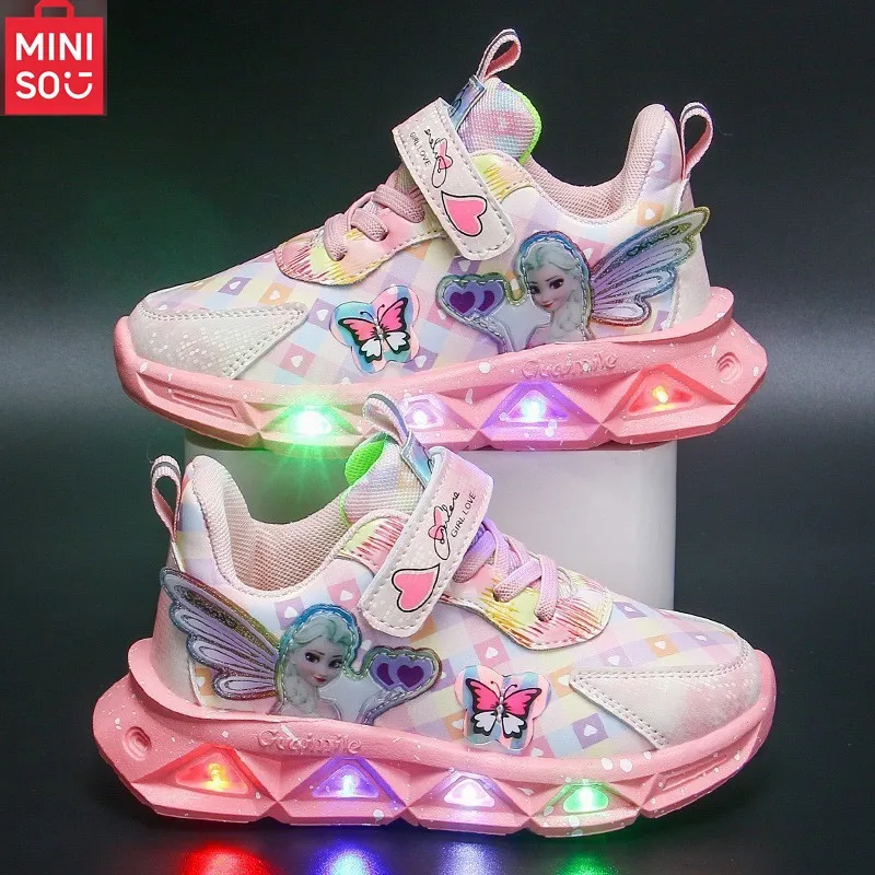 

Miniso розовые кроссовки принцессы Эльзы для маленьких девочек, модная детская обувь с героями мультфильмов, весенне-осенние детские спортивные кроссовки со светодиодной подсветкой