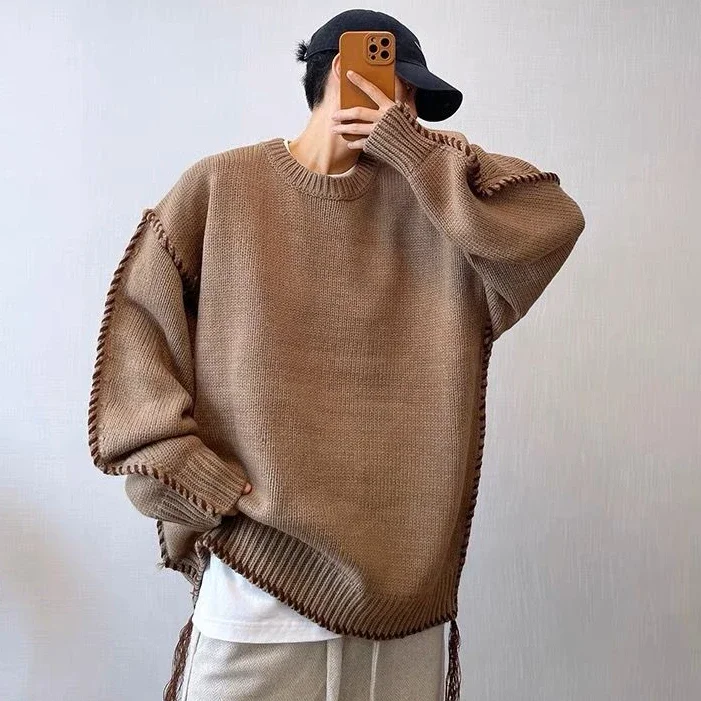 New Man Clothes Autumn and Winter Sweater Thickened Loose Hand Threading Coffee Color Knitted Large Wool Sweater Versatile Coat