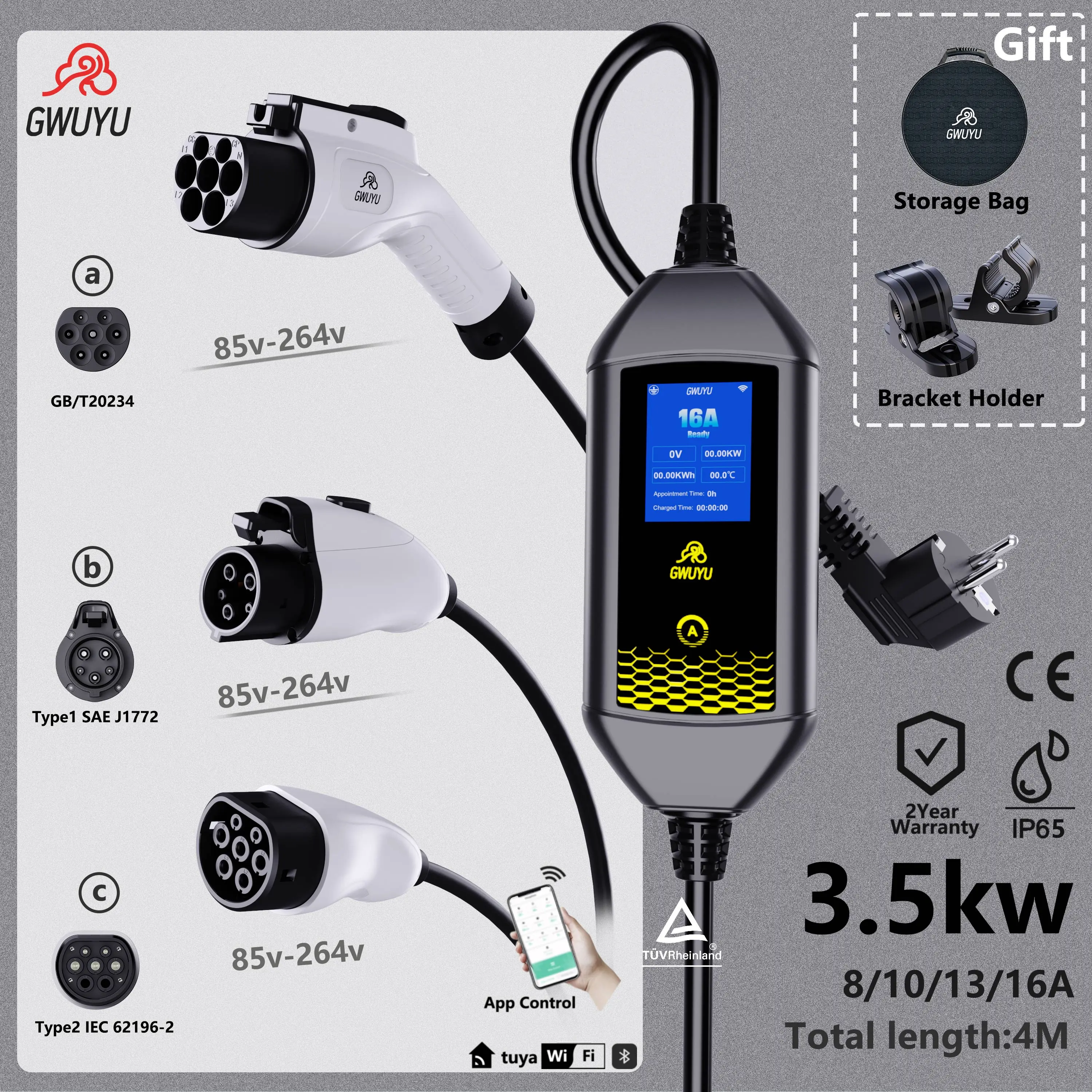 GWUYU EV شاحن محمول Type2 /GBT Plug 16A 1Phase 3.5KW Type1 4m Wallbox محطة شحن للتحكم في تطبيق EVSE WiFi Bluetooth