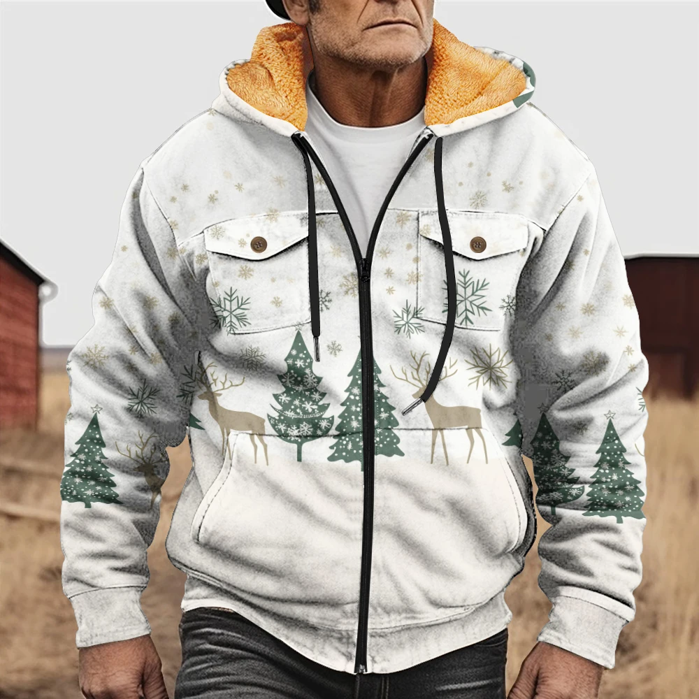 Men's winter jacket with simple Christmas tree and reindeer print, fashionable, avant-garde, thick and warm