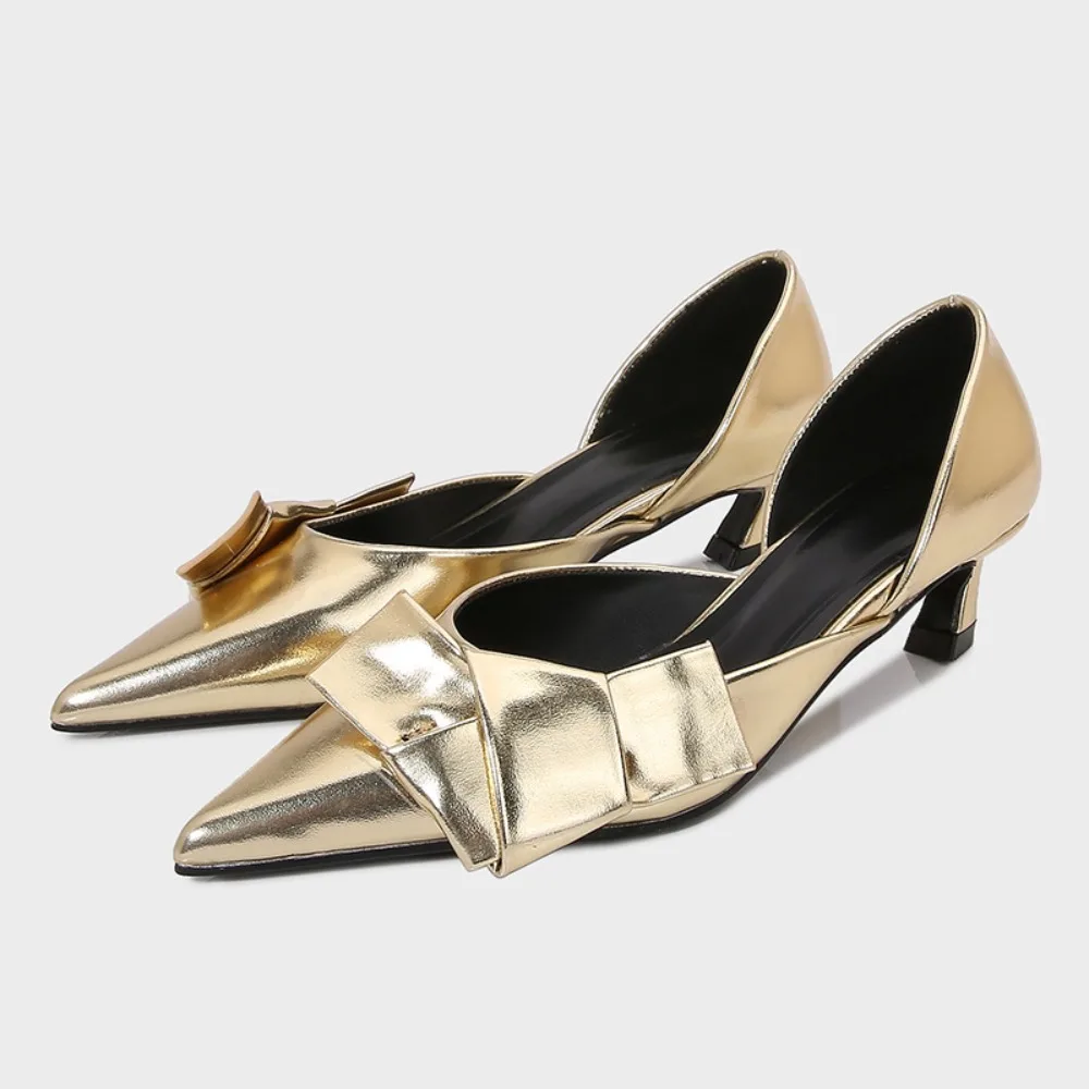 

New Metallic Bow Hollow-out Stilettos 4cm,Elegant Pointed-toe High Heels with Shallow-mouth Design for Weddings, Party and Dates