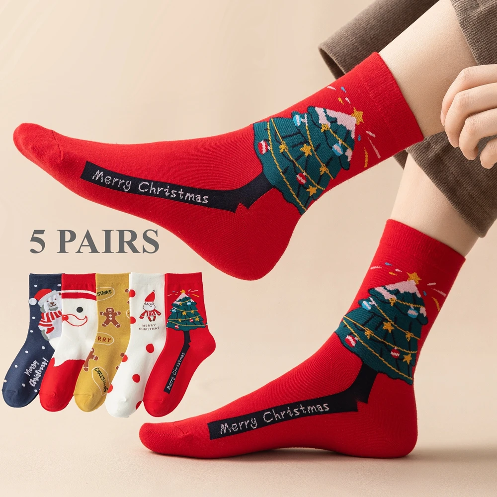 5 paia di calzini natalizi da donna Cartoon Cute Sweet Crew Socks calzini da donna autunno inverno babbo natale stampa dell\'albero di natale