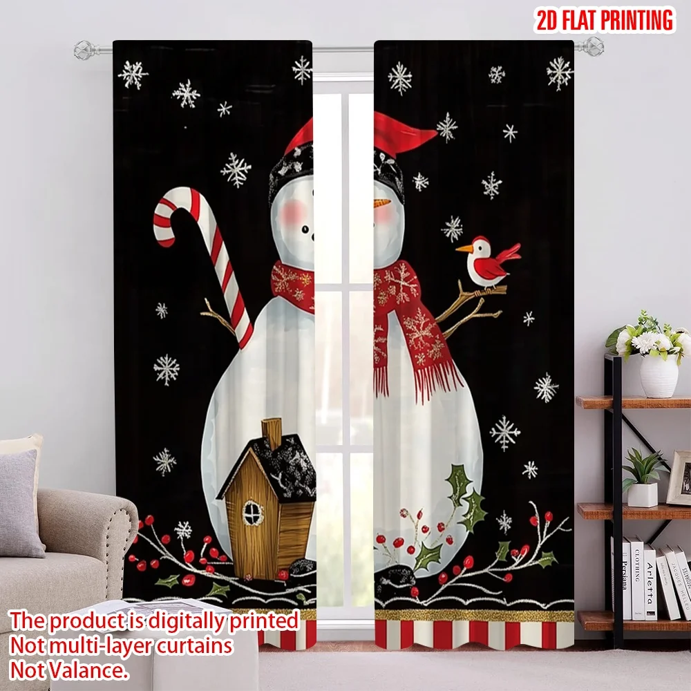 

2pcs 2D flat printing Merry Christmas Party Curtains Christmas snowman 1 Fabric Without Electricity Festive Curtains for Holiday