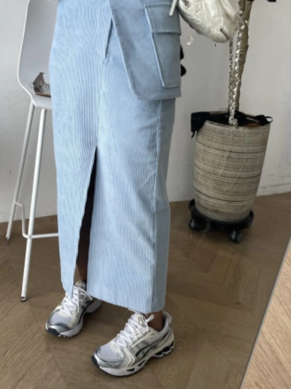 

Trendy Corduroy f-length Skirt with kets Elastic Waist High-waist Design Korean Sle Commute Pure Color Autumn Faion