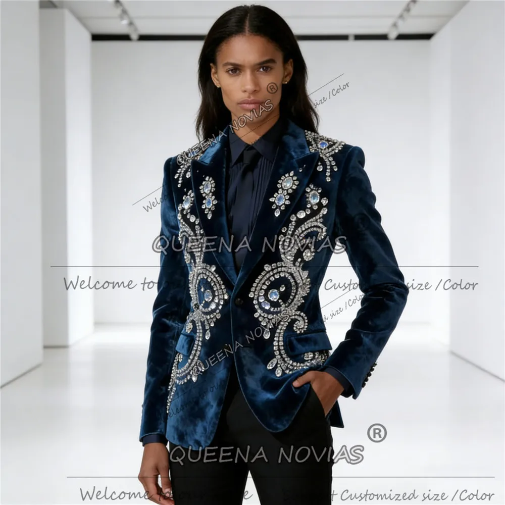 

Luxury Diamond Stones Suits Women Plus Size Velvet Beaded Prom Blazer Customized 2 Pcs Lady Banquet Outfits Bride's Mother Dress