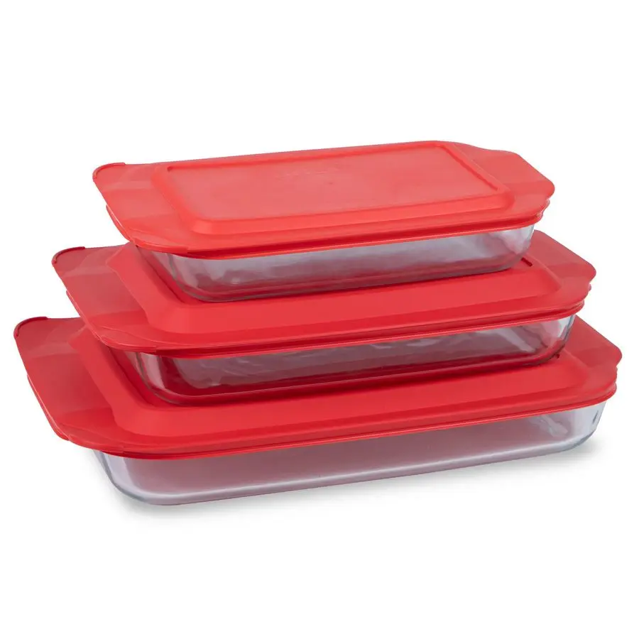 

Basics 3Pack Glass Baking Dish Set 2QT, 3QT, 4.8QT With BPAFree Lids, Rectangular Glass Bakeware, Dishwasher, Microwave, Freezer