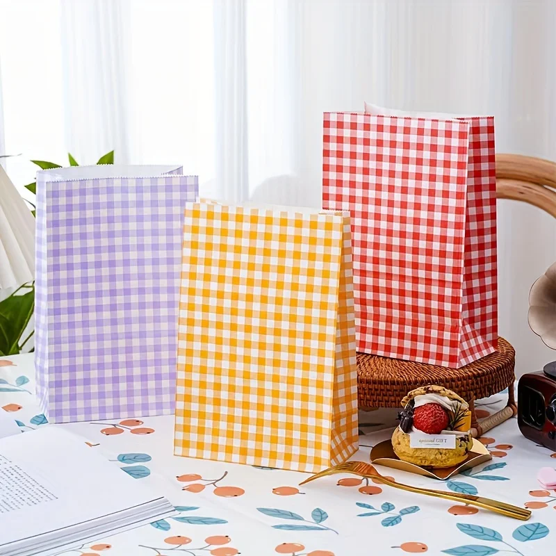 Plaid Patterned Gift Bags with Stickers - 50 Piece Set, Paper Material, Assorted Colors, Perfect for Party Favors and Presents