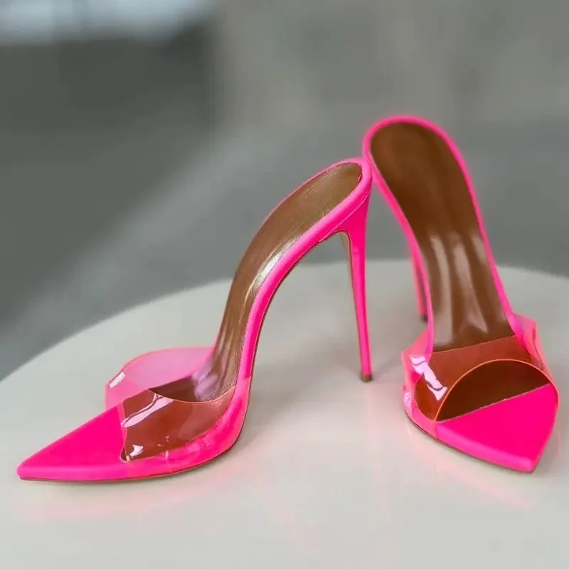 

Arden Furtado 2025 Summer Transparent PVC Peep toe Mules pointed Mixed Colors Slip-on Super high heel Word slippers Outdoor wear