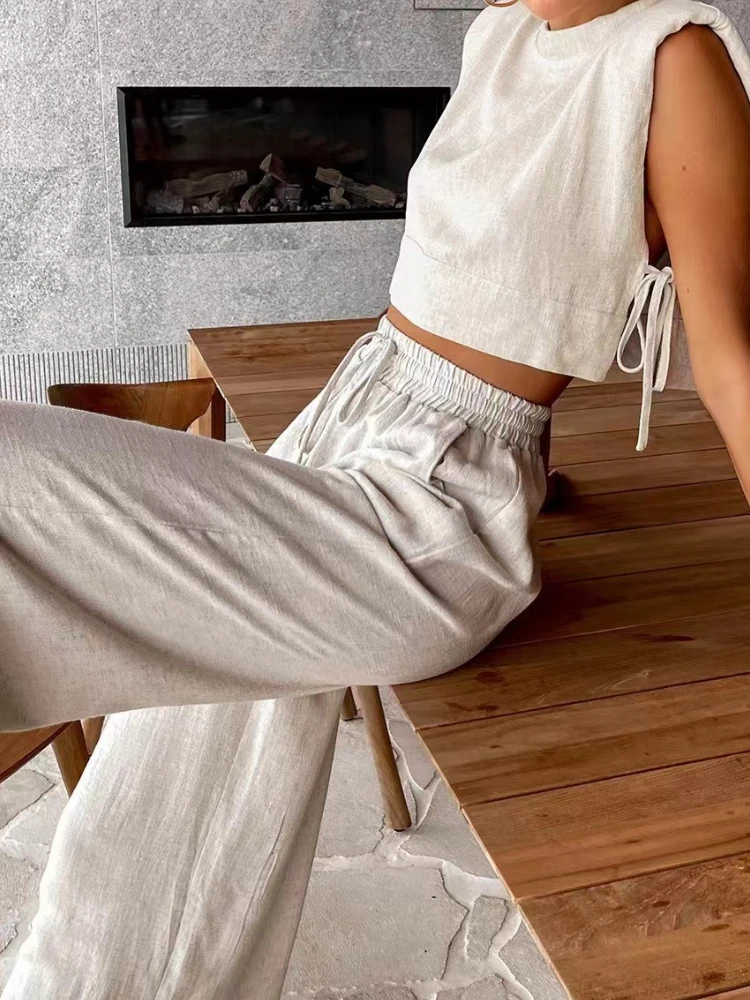 

Women's Clothing Outfit Tie-up Vest Wide-leg Pants Cotton Suit Two Piece Set Padded Shoulders Sleeveless Top Wide-leg Trousers