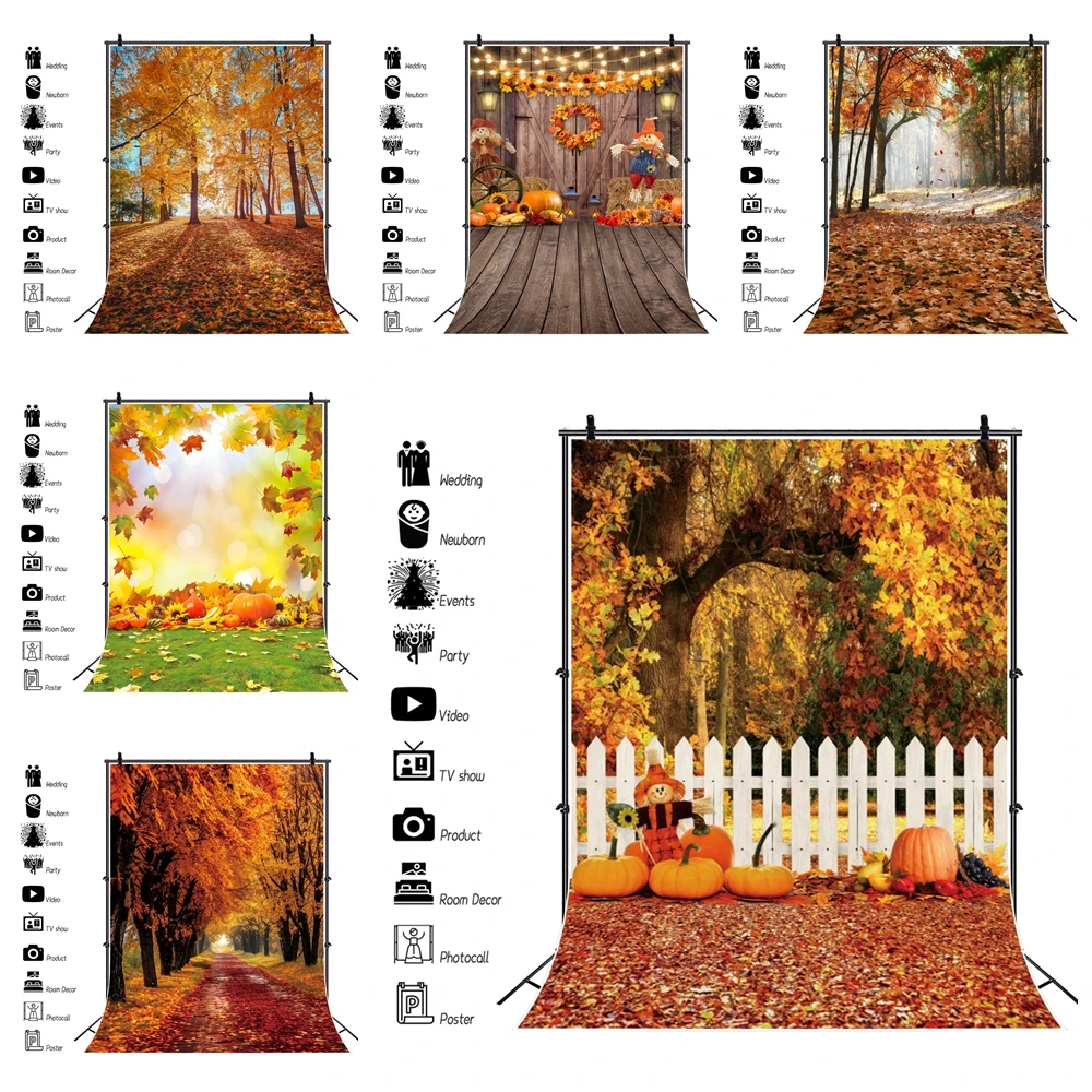

Autumn Forest Nature Scenery Backdrop Fall Maples Leaves Farm Barn Pumpkin Haystack Baby Portrait Photography Background Decor