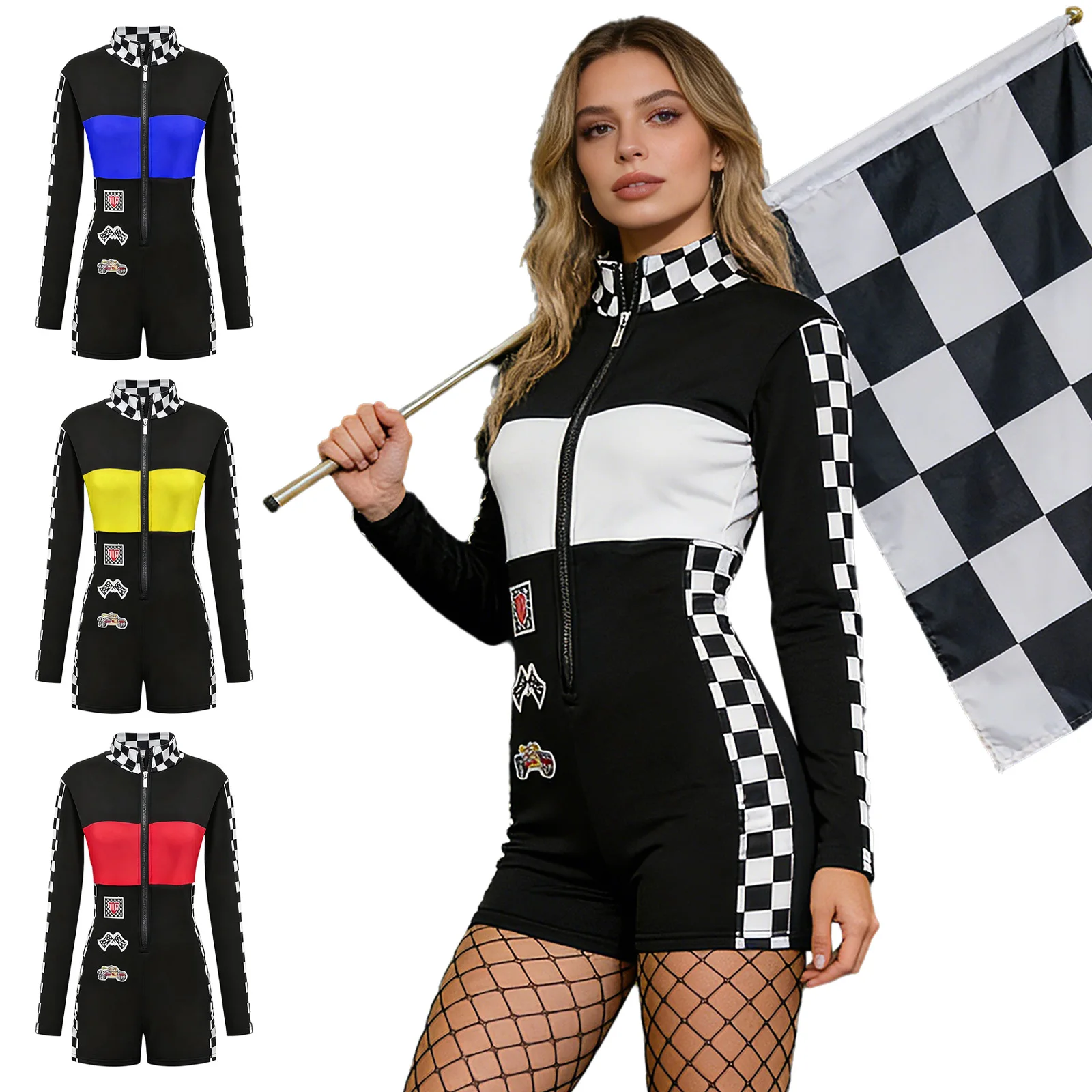 

Женский гоночный комбинезон для косплея, с длинными рукавами, на молнии, в стиле колор-блок, в клетку, до бедер, для Хэллоуина, вечеринок и чирлидинга