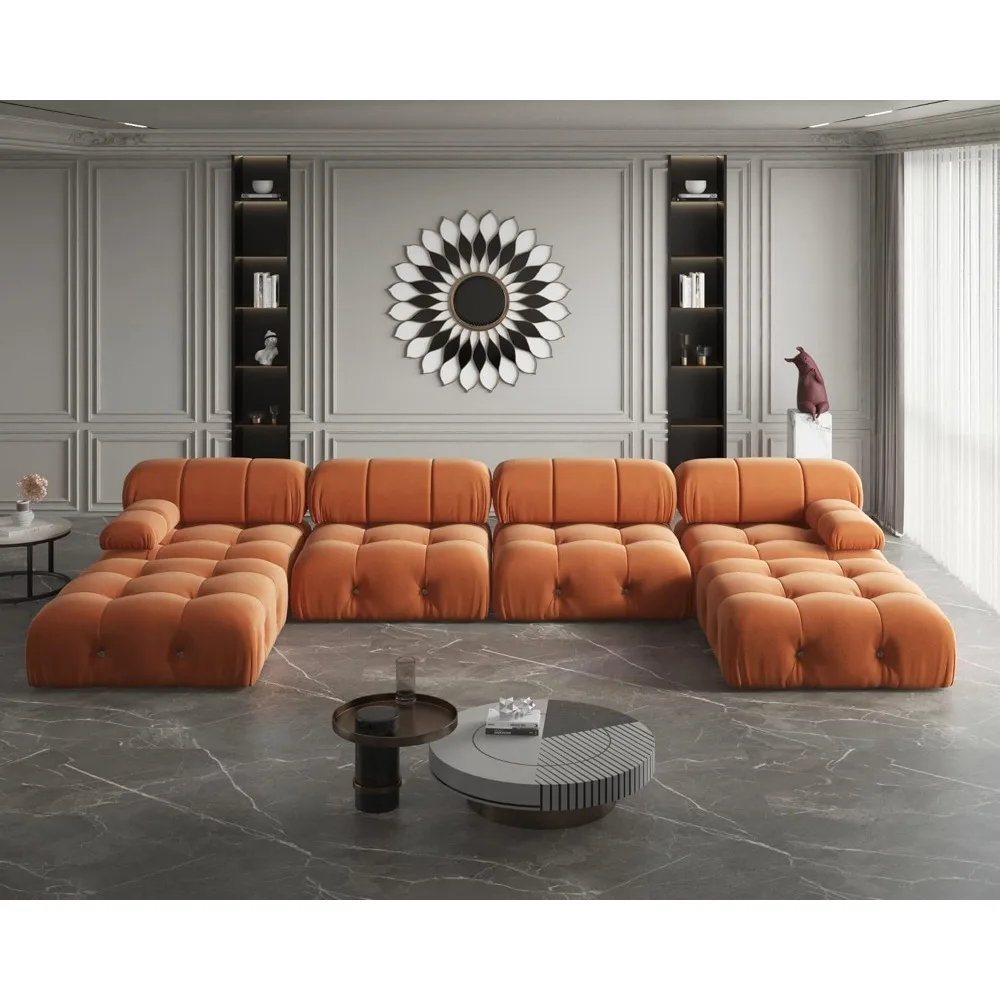 Modern Velvet Sectional Sofa, U Shape Minimalist Modular 6-Seater Couch with 2-Ottomans for Living Room Office Apartment (138in/