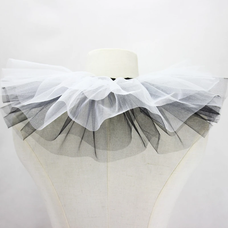 Women Mesh Puffy Tulle Ruffled Fake Collar Layered Black White Ribbon Neck Ruff Shawl Palace Costume Decorative Collar