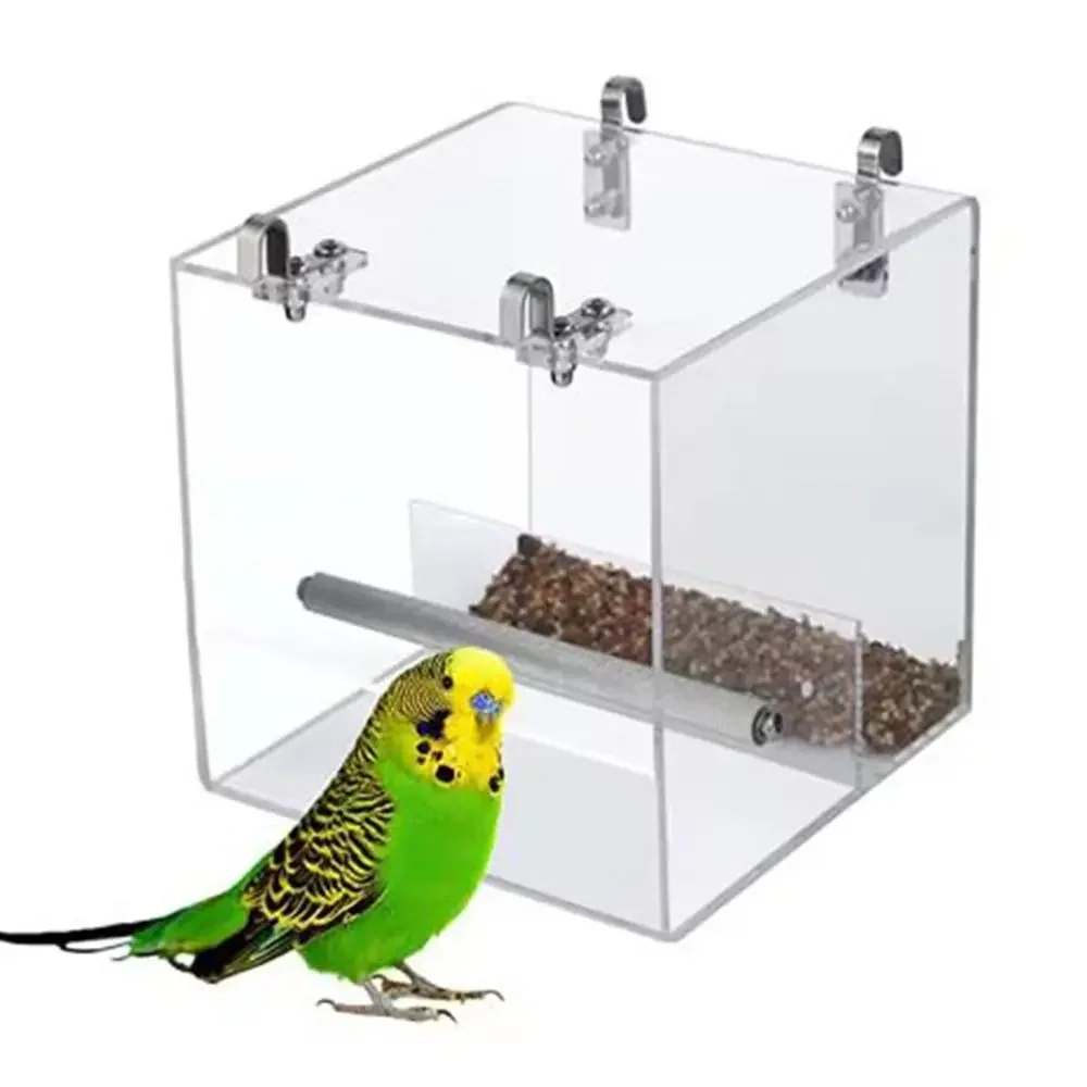 Portable Transparent Bird Automatic Feeder Hanging Spill-proof Cup Parrot Food Box with Hooks Parrot Parakeet Tray for Bird