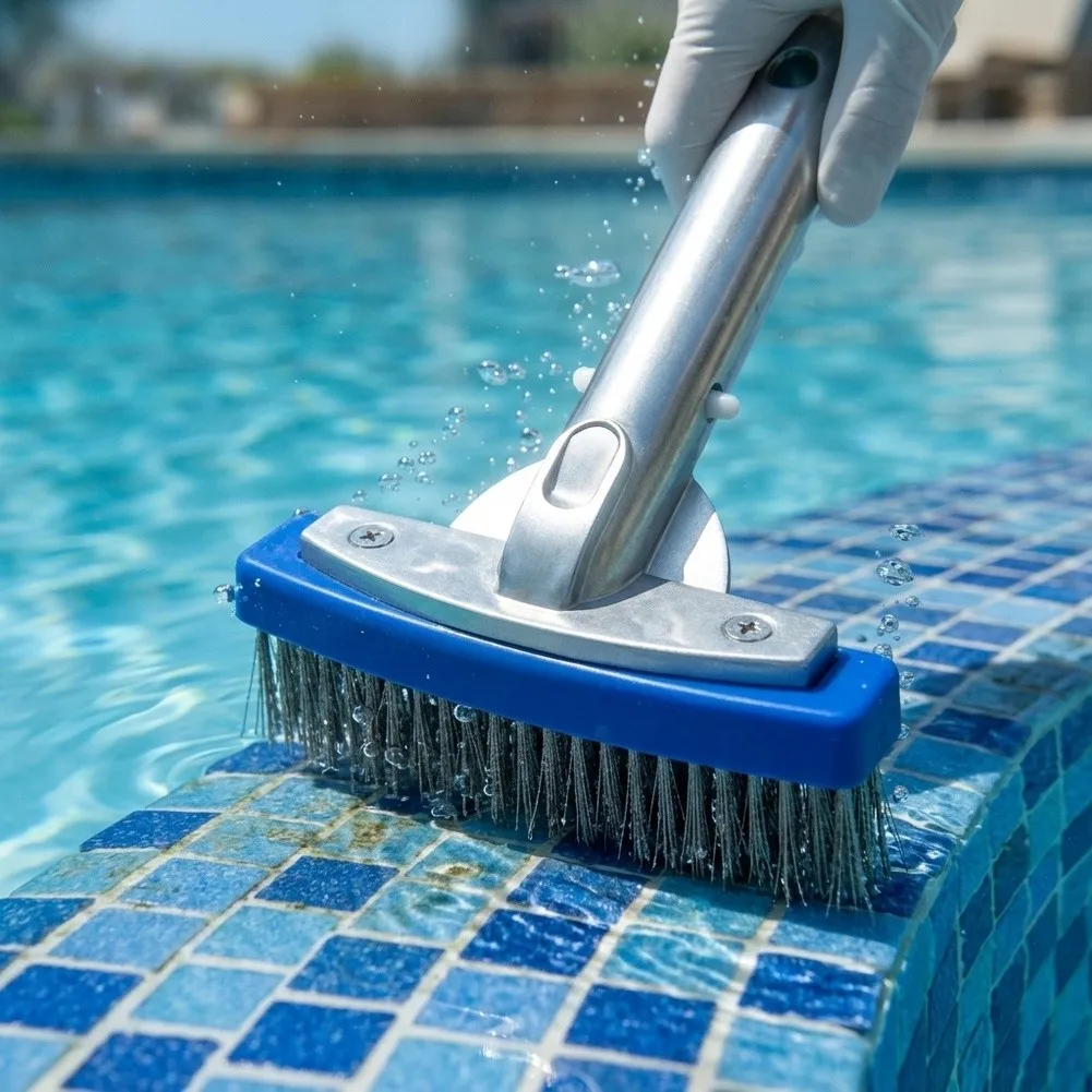5 inch Stainless Steel Pool Brush for Pool Care Vinyl Fiberglass Concrete Compatible Ergonomic Handle Strong Bristles