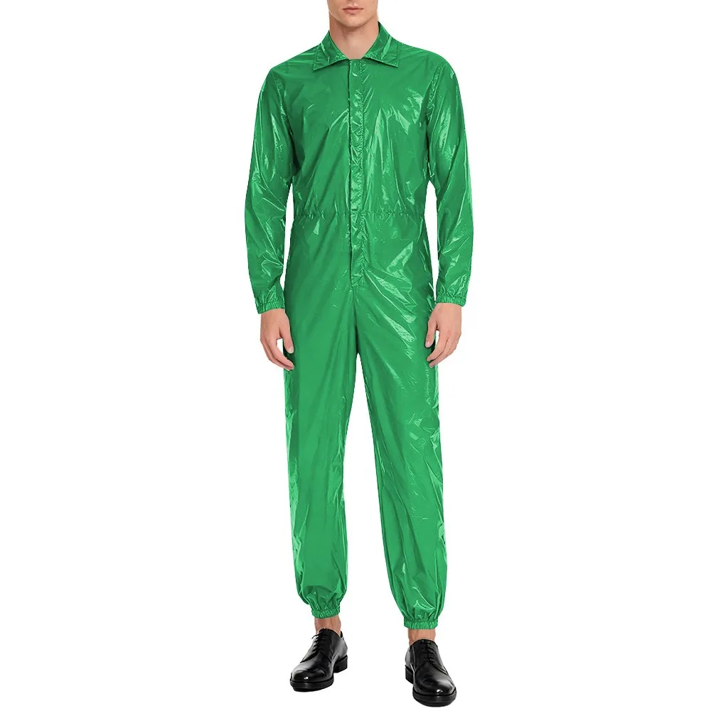 

Men Long Sleeve Shiny PVC Leather Casual Jumpsuit Club Role Play Outfits Turn-down Collar High Waist One Piece Catsuit Rompers
