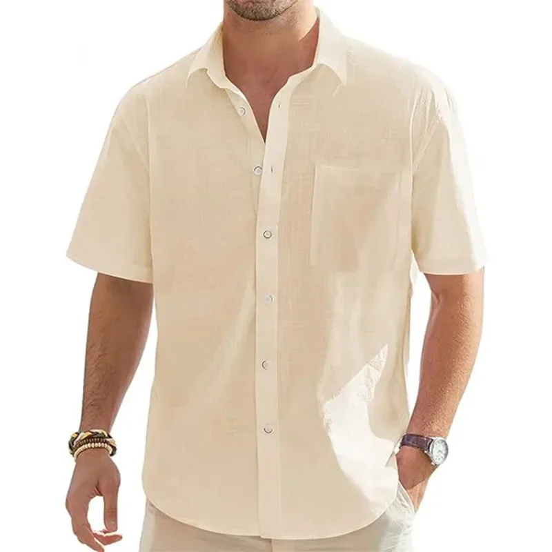 

Men's Solid Color Cotton Linen Short Sleeve Shirts Vacation Beach Summer Tops with Pocket Casual Lightweight Button Shirts