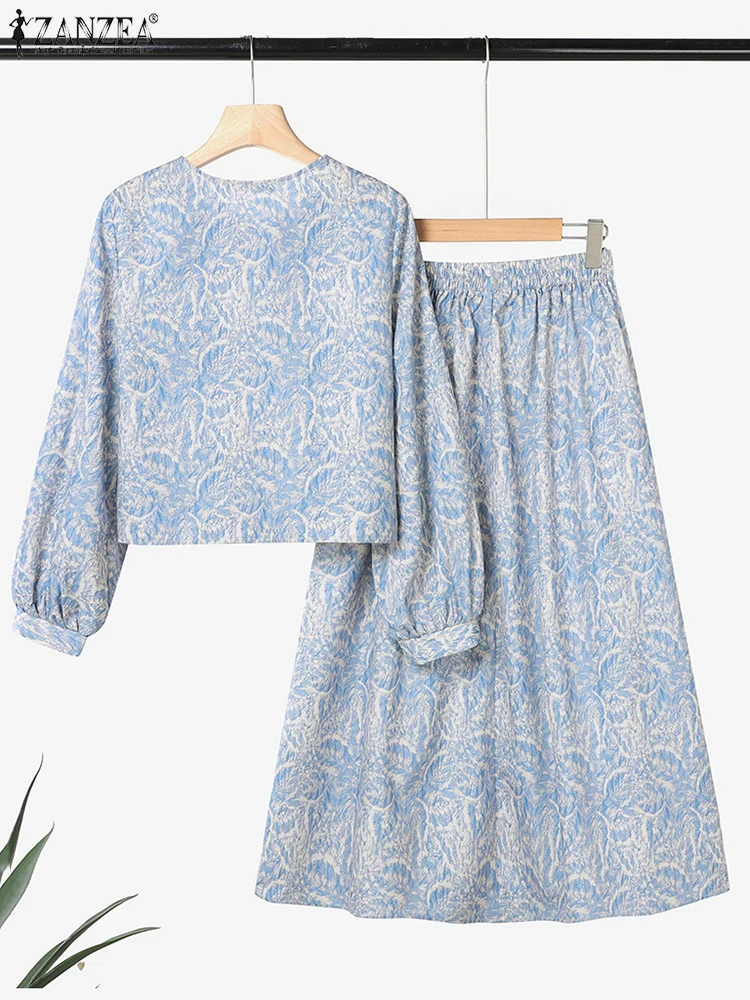 ZANZEA-Conjuntos de vestidos bohemios para mujer, 2 uds., camisas de manga larga acampanada, faldas largas, trajes de 2 piezas con estampado Floral Vintage, otoño 2025