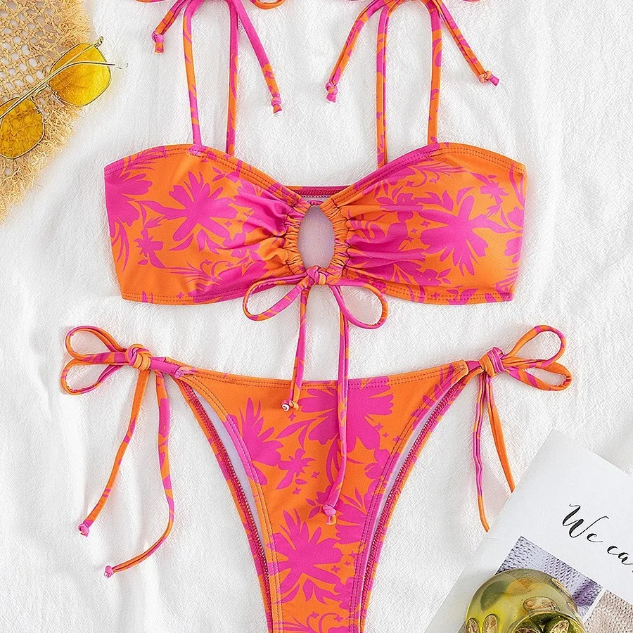 sexy floral print bandeau bikinis sets two pieces tie bow bathing suit swimsuit swimwear women beach outfits biquini tankini