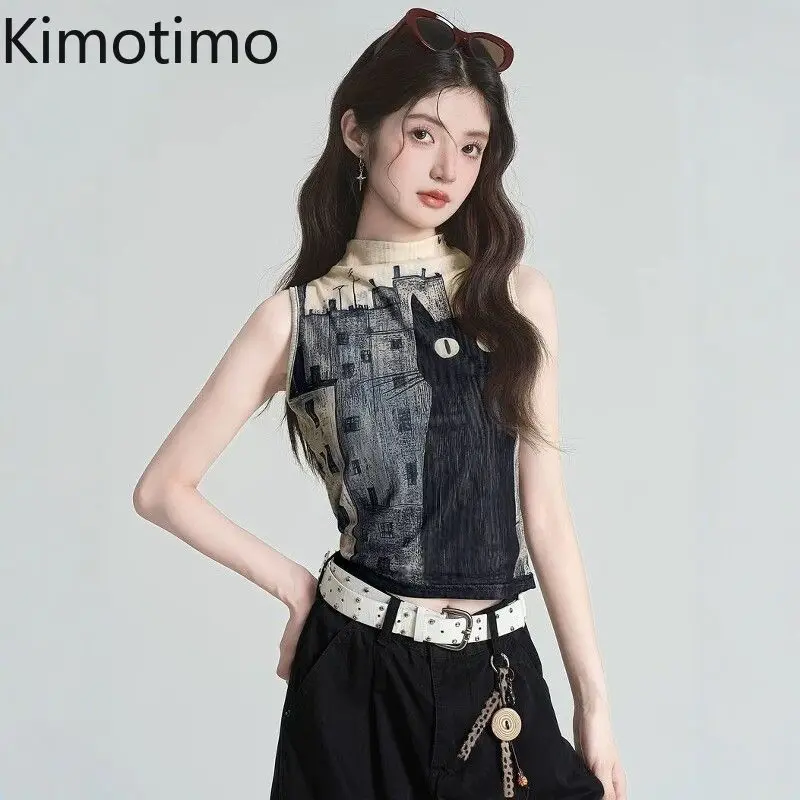 Kimotimo Vintage Cat Printing Mesh Vest Women 2026 Summer Sleeveless Half High Collar Slim Crop Top Harajuku Y2k Aesthetic Tanks