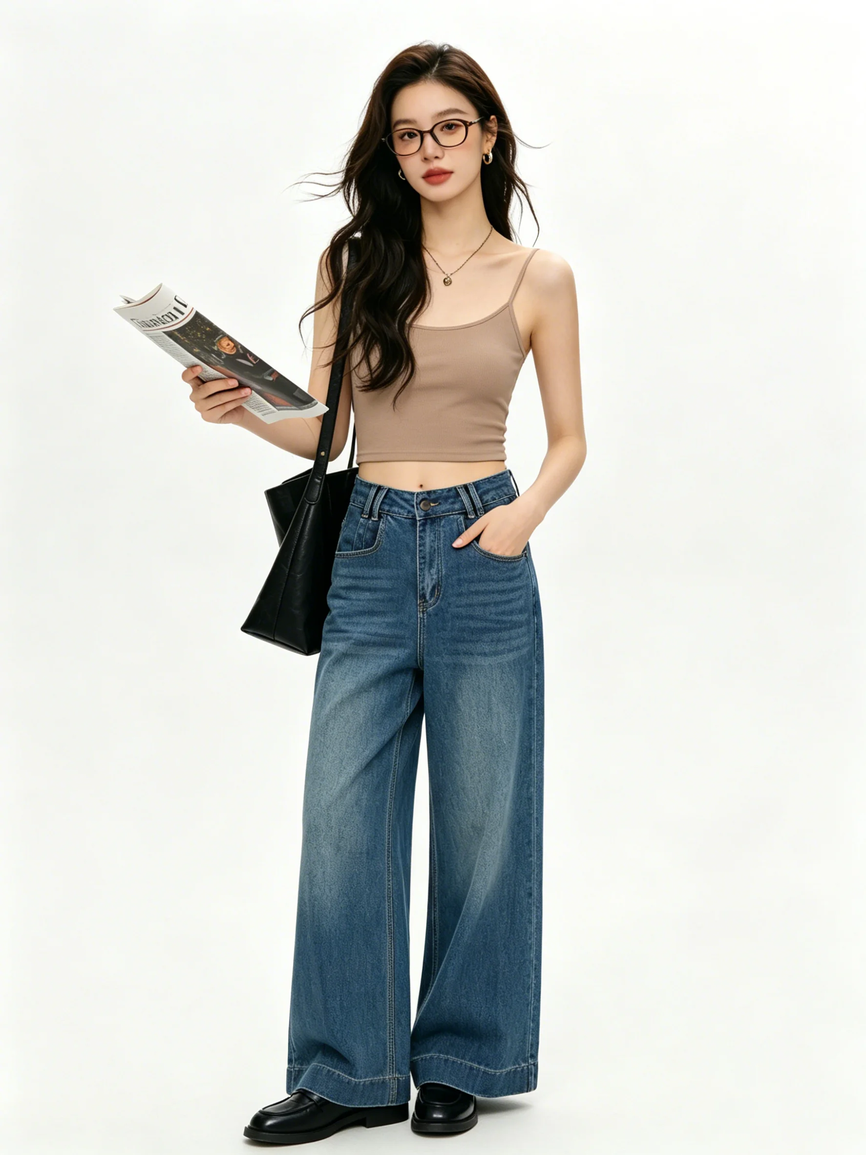 

Washed Vintage Korean Style High Waist Wide Leg Jeans Loose Fit Deep Blue Casual Spring Season Ladies Jeans Denim Pants