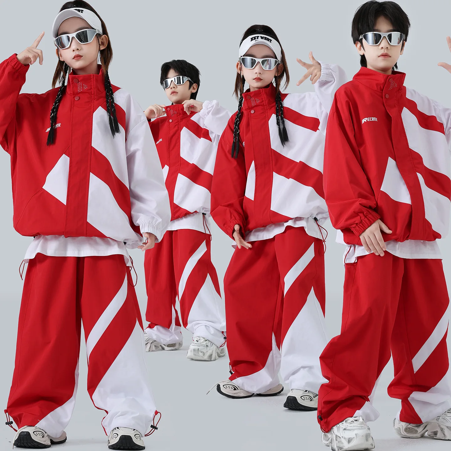 

Детская одежда в стиле хип-хоп Kpop, красный, белый цвет, ветровка, куртка, повседневные брюки для девочек и мальчиков, костюмы для уличных танцев, комплект одежды