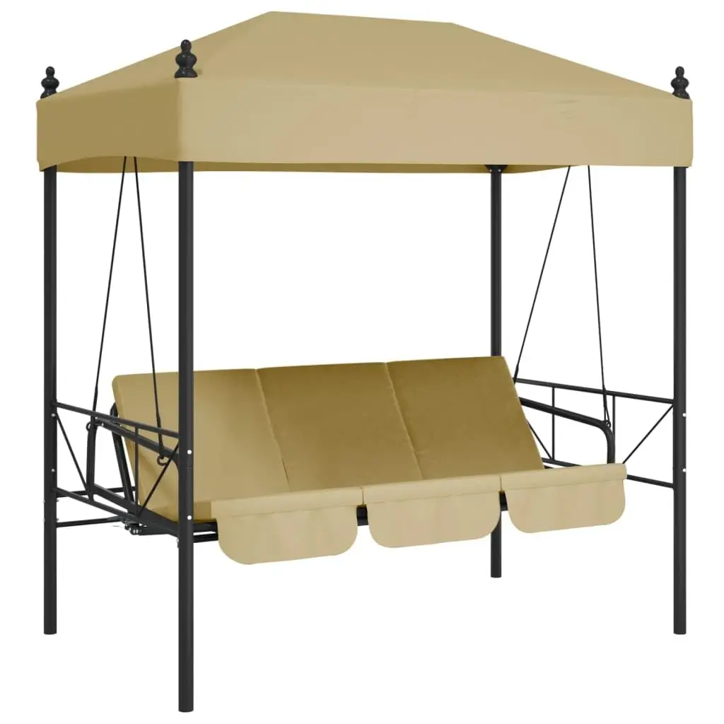 3-Seat Convertible Bed Swing Bench with UV-Protected Canopy Sand Steel Frame Spacious Polyester Outdoor Patio Swing Bed Brown Cu