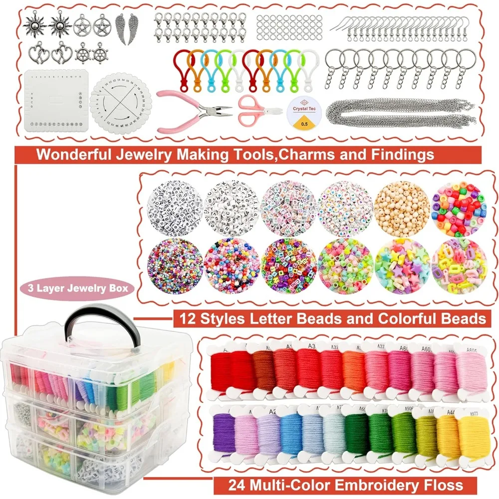 4655 قطعة من مجموعات صنع المجوهرات، قلادة سوار DIY صندوق فاصل محمول ثلاثي الطبقات - يتضمن 24 لونًا من خيط القطن والحروف