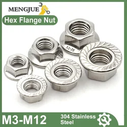 50/20/10Pcs Fixing Nut M3 M4 M5 M6 M8 M10 M12 304 Stainless Steel Serrated Metric Hex Hexagon Flange Lock Nuts DIN6923