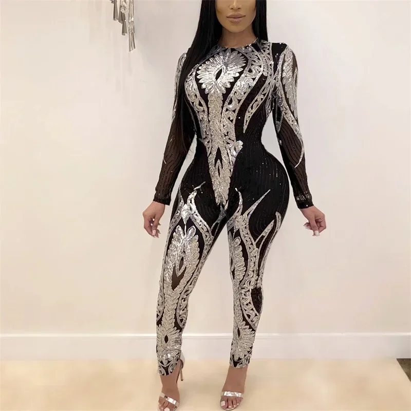 Fashion Patterned Sexy See-through Jumpsuit Women Slim Fit Pencil Trousers Rompers Female Party Club Nightclubs One-piece Pants