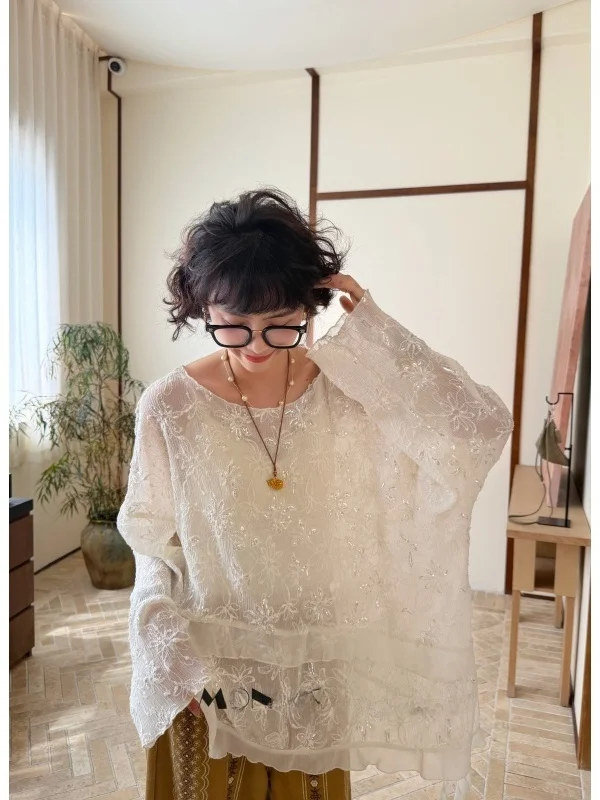 

Loose Fit Glitter Lace Big Collar Top for plus Size Women Comfortable Polyester Long Sleeve Casual Style round Neck Shirt