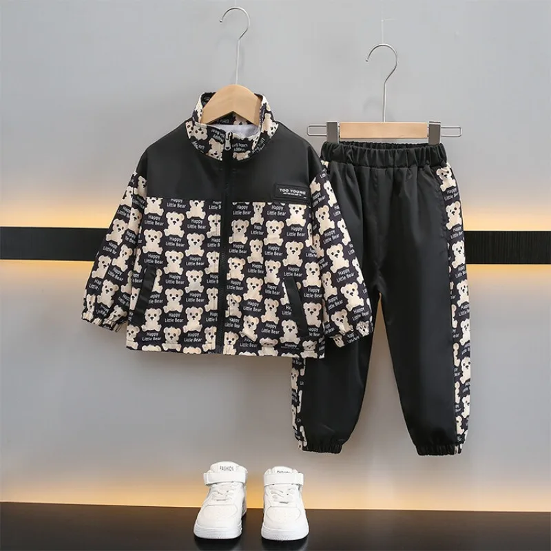 2-10 Years Old Boys Spring Autumn Suit New Color Matching Bear Jacket Two-Piece Pants Boutique Kids Clothes for Boys