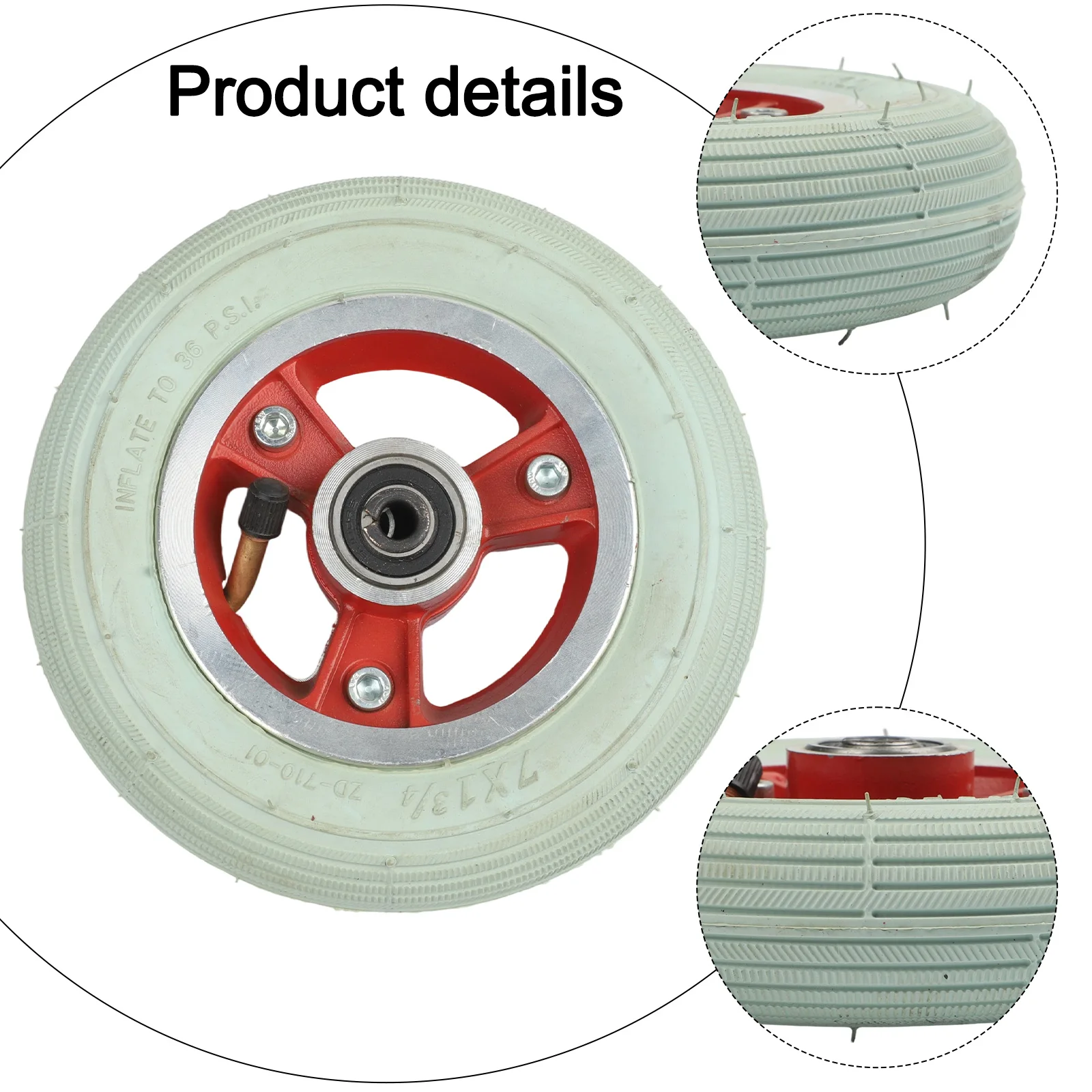 

Electric wheelchair front wheel 7 inch size 7 by 134 with gray pneumatic tire for good grip on indoor outdoor surfaces